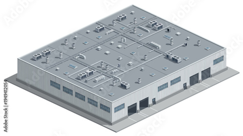 Isometric view of a large industrial warehouse building with HVAC systems on the rooftop