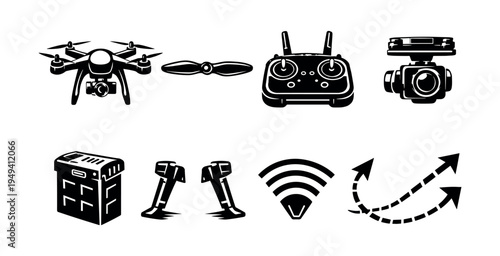 Black and white drone elements silhouette set including camera and controller illustrations