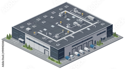 Isometric industrial warehouse building with loading docks and delivery trucks, modern commercial property illustration