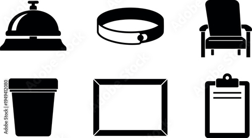 Black silhouette icons of bell service call button collar armchair coffee cup picture frame clipboard isolated on white background