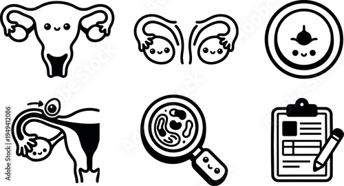 Cute reproductive system icons with smiling ovaries embryo fertilization magnifying glass and clipboard for medical education vector art