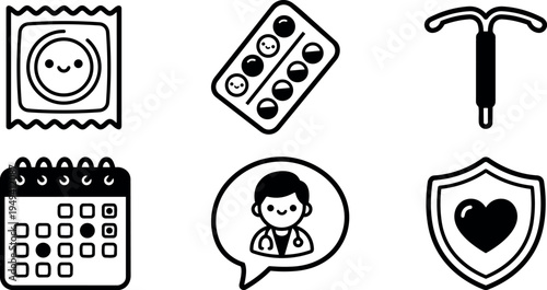Black and white vector icons of calendar doctor speech bubble condom pills and intrauterine device contraception health protection symbols
