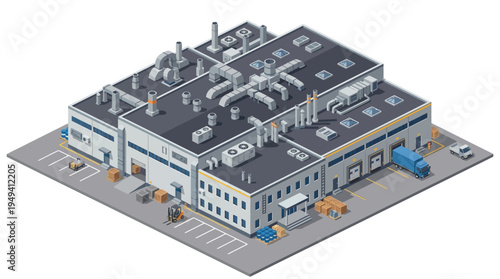An isometric view of a large industrial factory complex with loading docks and delivery trucks
