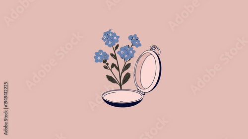 Illustration of blue flowers in a locket, set on a pink background. Simple, minimalist design