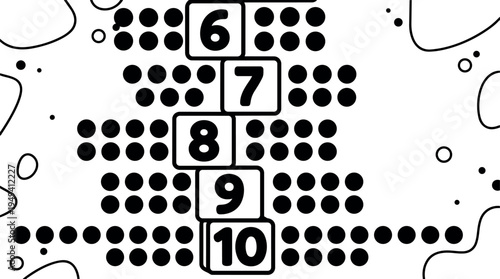 Close up hopscotch game numbers six to ten with black dots on white background vector art design