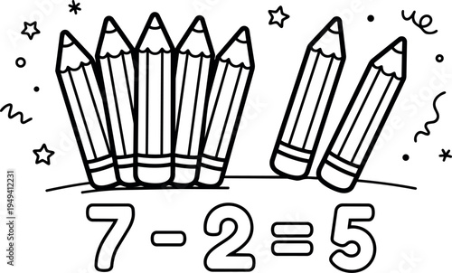 Black and white line art seven minus two equals five pencils math subtraction educational concept