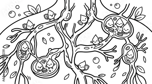 Cute smiling water droplets with shields attacking germs inside tree branches vector black and white line art illustration