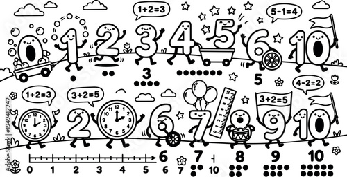Hand drawn playful vector art of smiling numbers from zero to ten with clocks balloons flags and basic math equations in doodle style