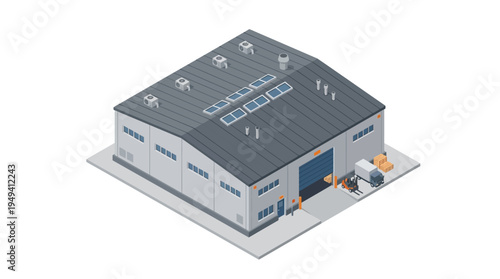 Isometric view of a modern industrial warehouse with solar panels on the roof and a forklift outside, symbolizing logistics and storage solutions