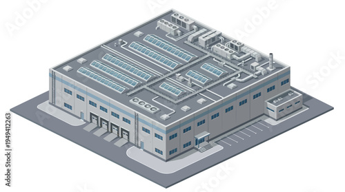 Modern industrial warehouse building with loading docks and rooftop HVAC systems, isometric view