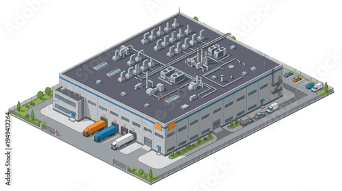Modern industrial warehouse building with loading docks and parked trucks, isometric view