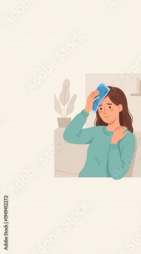 Woman holding cold compress against head suffering from painful migraine headache or fever sitting at home needing relief treatment and medical care.