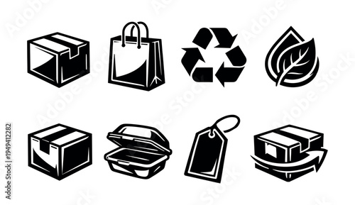 Vector icons of packaging box bag recycle symbol leaf tag black and white silhouette set