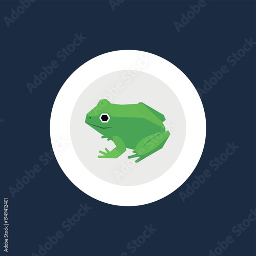Green frog icon on white circle and dark blue background representing amphibian wildlife nature conservation and geometric minimalist vector style