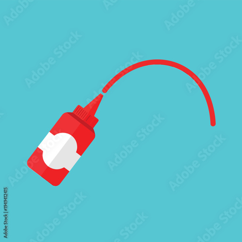 Red glue bottle with liquid stream arc on blue background representing sticky adhesive supplies for craft school and construction projects in vector