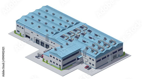 Isometric warehouse industrial building with loading docks and forklifts
