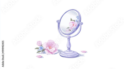 A watercolor illustration of a vanity mirror reflecting flowers. Flowers also appear by the mirror's base