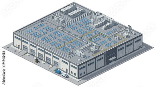 Industrial building with loading docks and ventilation systems, showcasing logistics and manufacturing infrastructure