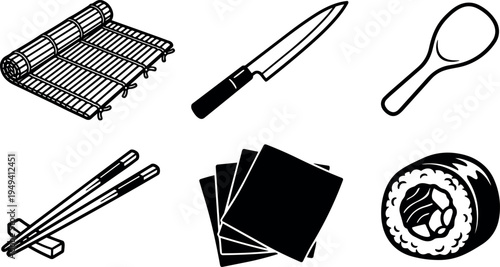 Black and white vector set of sushi rolling mat knife spoon chopsticks seaweed sheets and sushi roll icons in simple line art style
