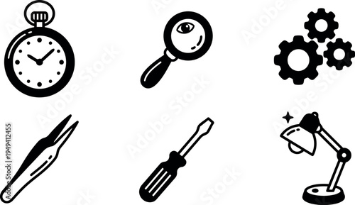 Minimalist black and white vector icons of stopwatch magnifying glass gears tweezers screwdriver and adjustable desk lamp isolated on white background
