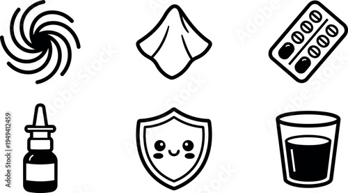 Black line art medical icons set with virus allergy nose spray shield and medicine glass vector illustration