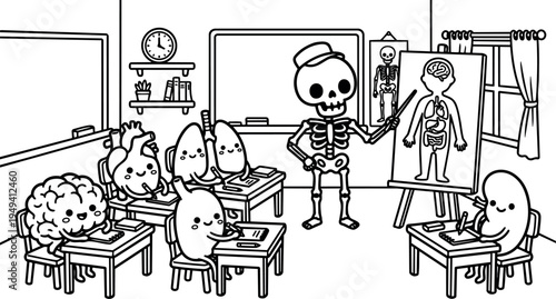 Cute skeleton teacher explaining human organs to smiling brain lungs heart and kidney students at classroom desks