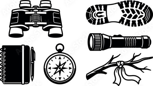 Black and white flat design hiking equipment set with binoculars flashlight compass notebook pen shoe sole and tied stick illustration