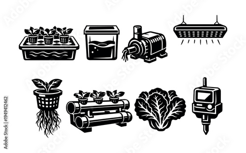 Hydroponic gardening elements set, black and white vector icons of plants and equipment