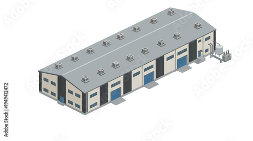 Isometric illustration of a long, low-rise industrial building with multiple garage doors and windows, typical of a warehouse or commercial complex