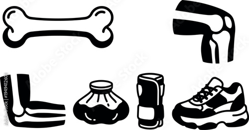 Black and white vector art bones knee joint leg bones boxing glove and running shoe icons medical sports design