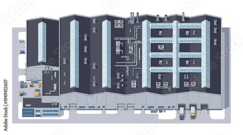 Aerial view of a large industrial complex with multiple buildings and a loading dock area, showcasing manufacturing and logistics
