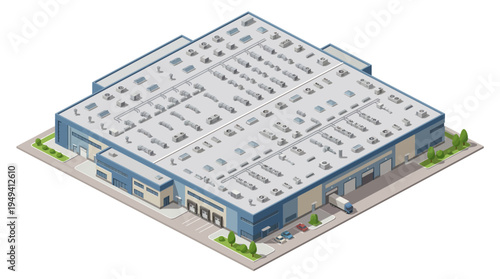 Isometric view of a large industrial warehouse building with loading docks and vehicles