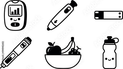 Minimalist vector icons set for diabetes management including glucose meter insulin pen test strip fruit bowl and water bottle with smiley face