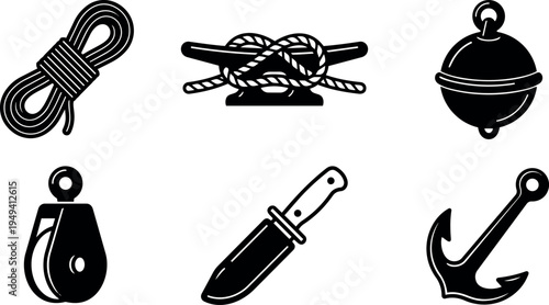 Black silhouette nautical equipment set including rope coil cleat knot buoy pulley knife and anchor vector icons