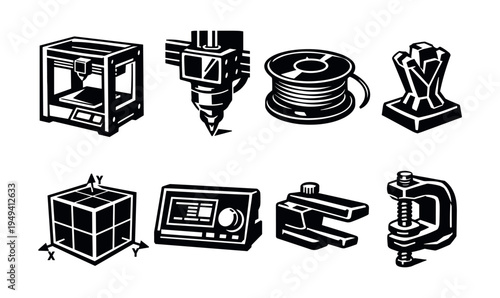 Black and white vector icons of 3d printing elements machinery and equipment set