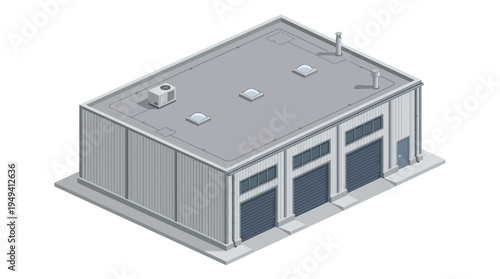 Isometric view of a modern industrial warehouse building with loading bay doors and an air conditioning unit on the roof