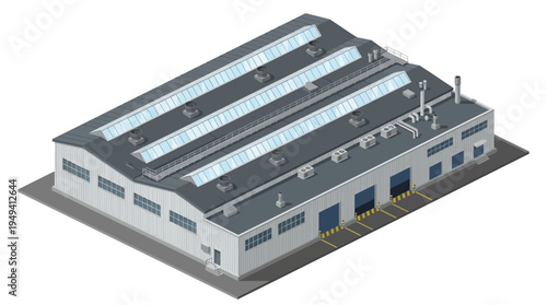 Modern Industrial Building with Skylights and Loading Docks for Manufacturing and Logistics Operations