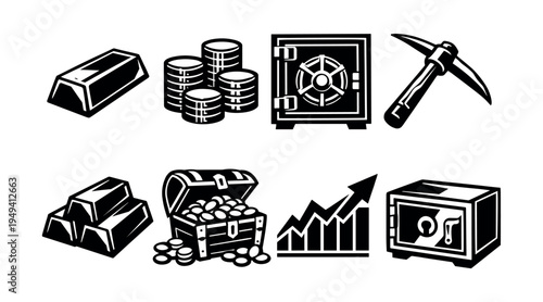 Black and white financial symbols vector set featuring gold bars, coins, and safe