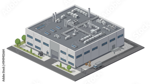 Isometric view of a modern industrial factory building with loading docks and delivery truck, representing manufacturing and logistics operations