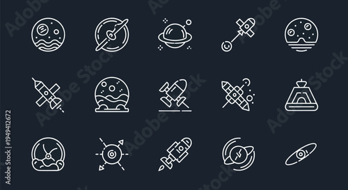 Space exploration icon set on dark backdrop