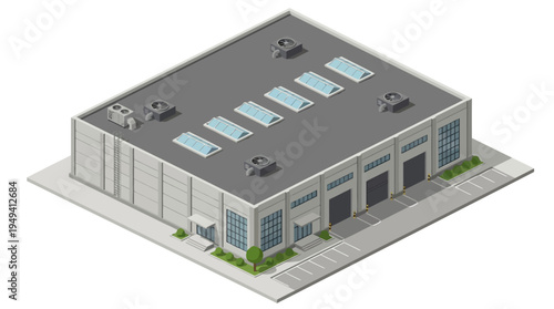 Isometric view of a modern industrial warehouse building with multiple loading docks and skylights, illustrating logistics and storage facilities
