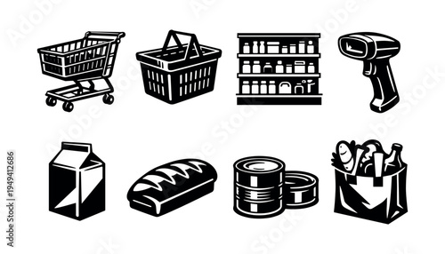 Black and white grocery shopping elements silhouette vector set with cart basket and food items