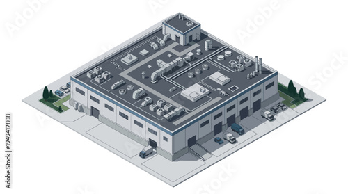 Isometric Industrial Building with Loading Docks and Vehicles, Warehouse Facility Concept