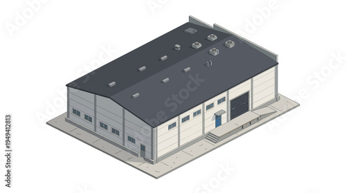 Isometric architectural illustration of a modern warehouse building with loading dock