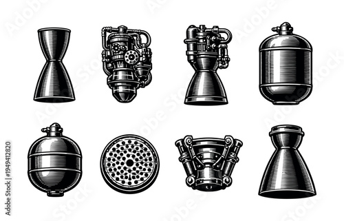 Set of engraved rocket engine components vector illustration in black and white silhouette style