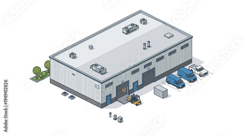 Isometric view of a logistics warehouse with a forklift and delivery vans, illustrating modern industrial and supply chain operations