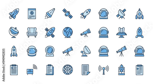 Space icons set rockets astronauts planets