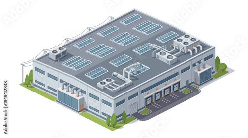 Modern industrial warehouse building with loading docks and rooftop HVAC units, isometric illustration
