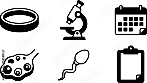 Simple black silhouette icons of petri dish microscope calendar sperm cell and clipboard in classic vector style