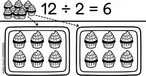 Black and white educational illustration showing division of twelve cupcakes into two equal groups with six cupcakes each demonstrating math concept